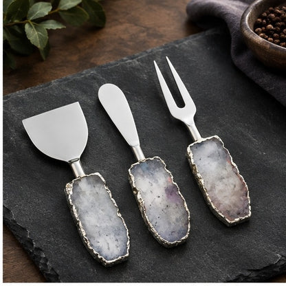 Clear Quartz Slab Cheese Knife Set