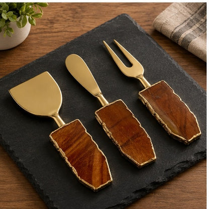 Rust Brown Agate Slab Cheese Knife Set