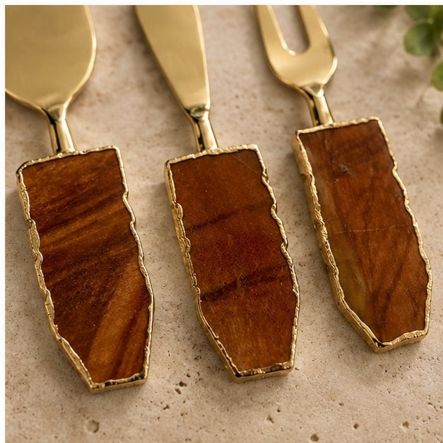 Rust Brown Agate Slab Cheese Knife Set