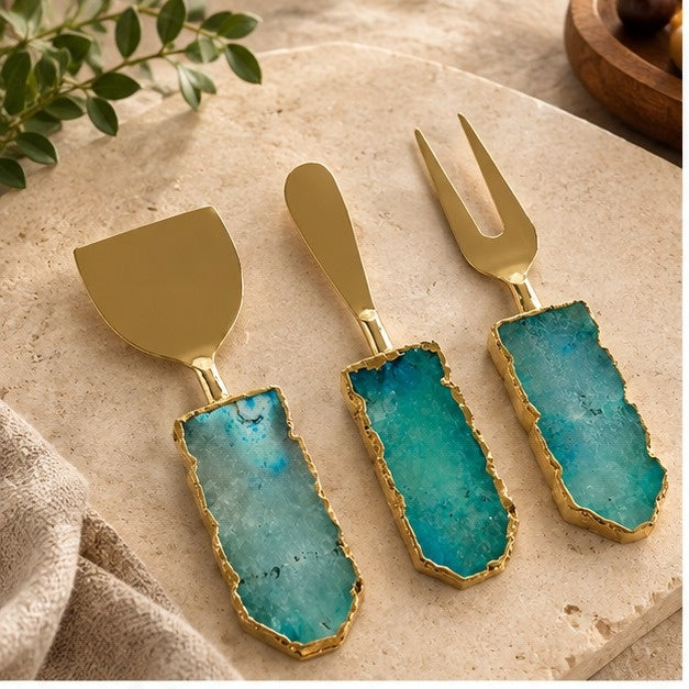 Aqua Agate Slab Cheese Knife Set