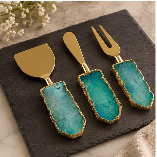 Aqua Agate Slab Cheese Knife Set
