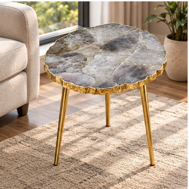 Smoky Grey Agate Round Side Table – Natural Edge