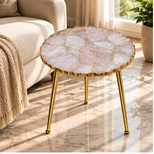 Rose Quartz Agate Round Side Table – Natural Edge