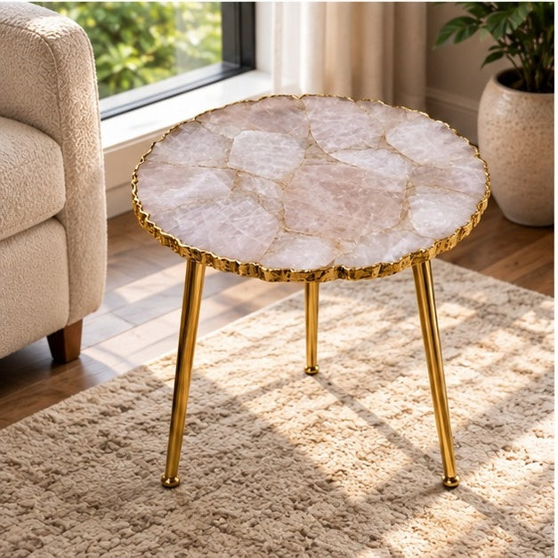 Rose Quartz Agate Round Side Table – Natural Edge