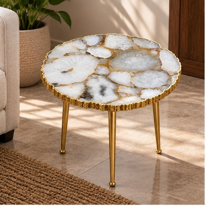 Gold Sparkle White Agate Round Side Table