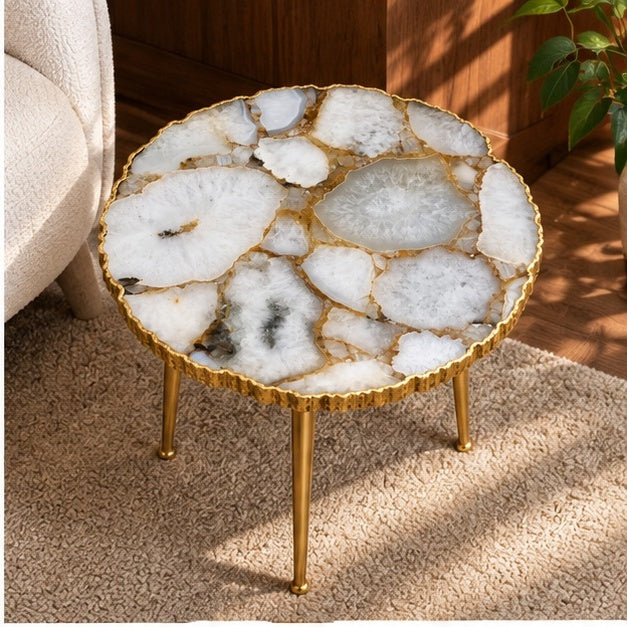 Gold Sparkle White Agate Round Side Table