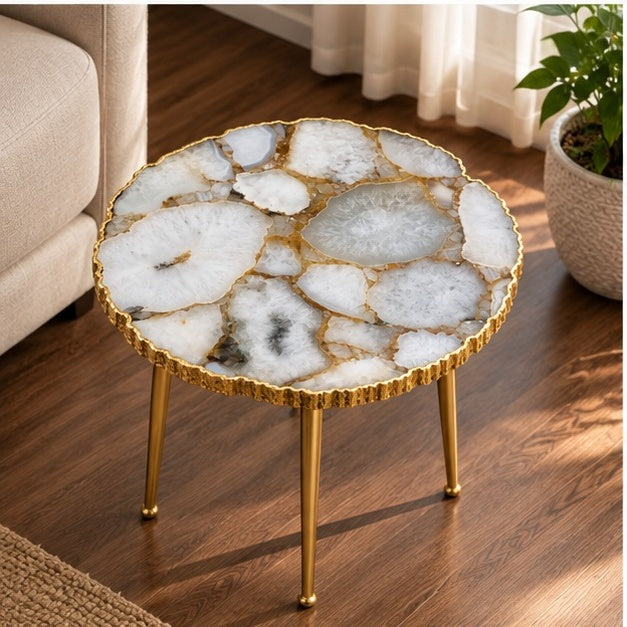 Gold Sparkle White Agate Round Side Table