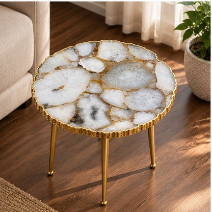 Gold Sparkle White Agate Round Side Table