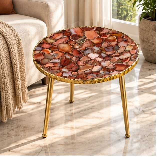 Maroon Red Agate Round Side Table