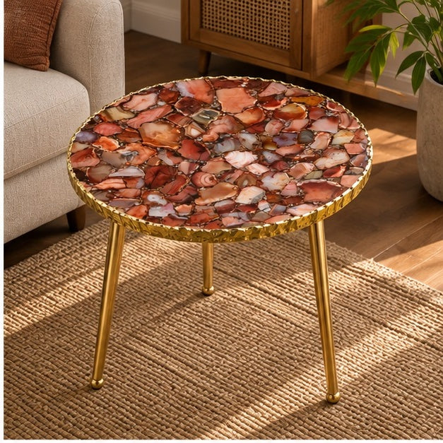 Maroon Red Agate Round Side Table