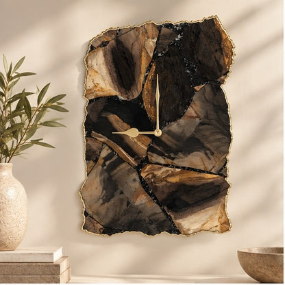 Large picture jasper wall clock, dark brown and cream banding with a gold organic edge