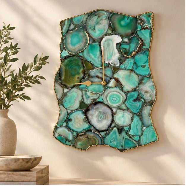 Large green agate wall clock, emerald mosaic with pale geode centres and a gold organic edge
