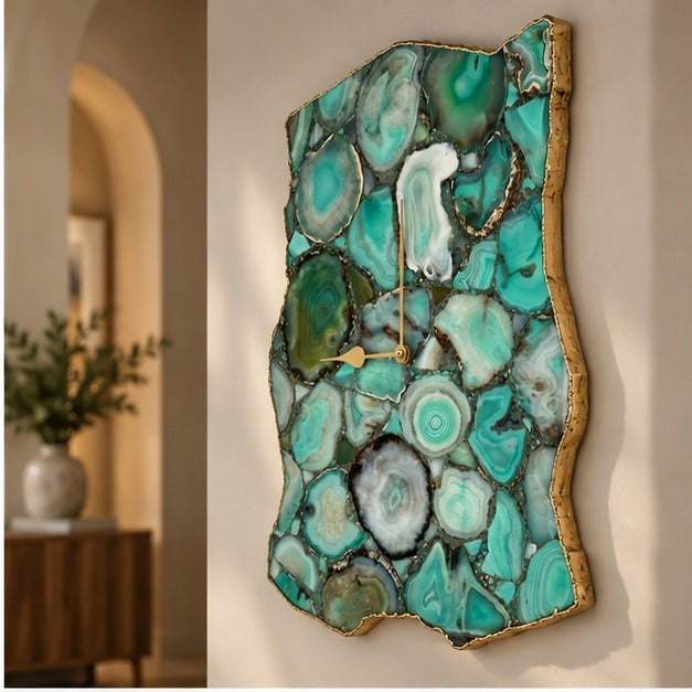 Green agate wall clock in an arched alcove