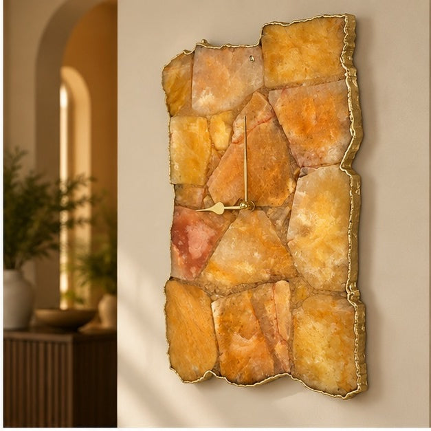 Golden brown agate wall clock seen along a hallway wall