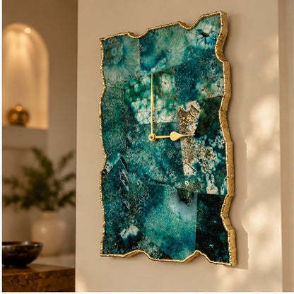 Composite green agate wall clock seen from the side in a bright room
