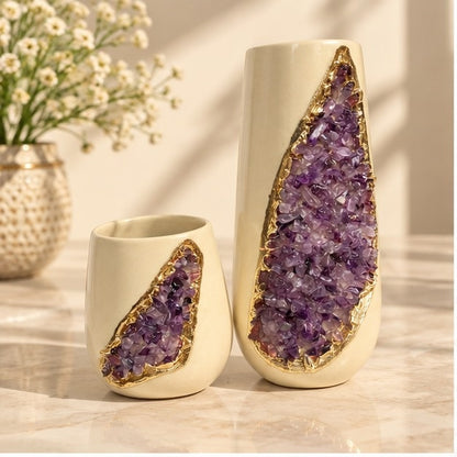 Cream Ceramic Teardrop Vase Set with Crystal Inlay