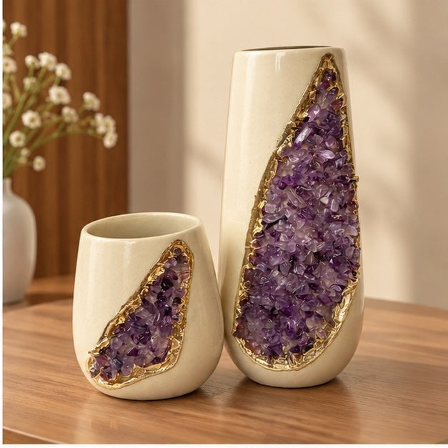 Cream Ceramic Teardrop Vase Set with Crystal Inlay
