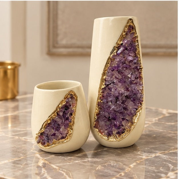 Cream Ceramic Teardrop Vase Set with Crystal Inlay