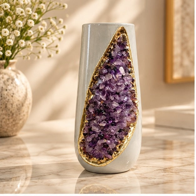 Grey Ceramic Long Teardrop Vase with Crystal Inlay