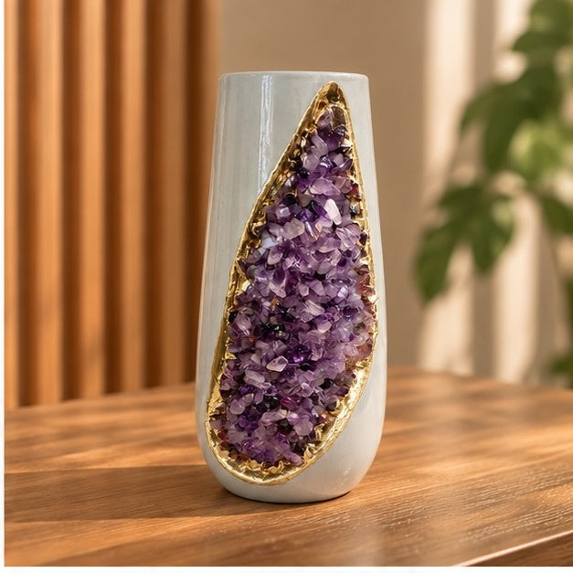 Grey Ceramic Long Teardrop Vase with Crystal Inlay