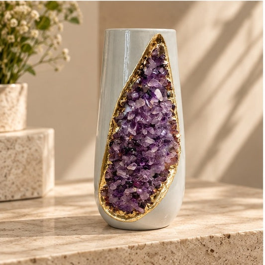 Grey Ceramic Long Teardrop Vase with Crystal Inlay