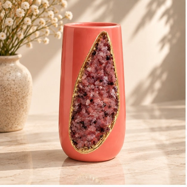 Pink Ceramic Long Teardrop Vase with Crystal Inlay