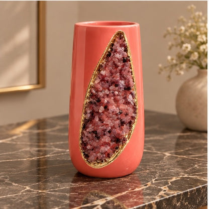 Pink Ceramic Long Teardrop Vase with Crystal Inlay