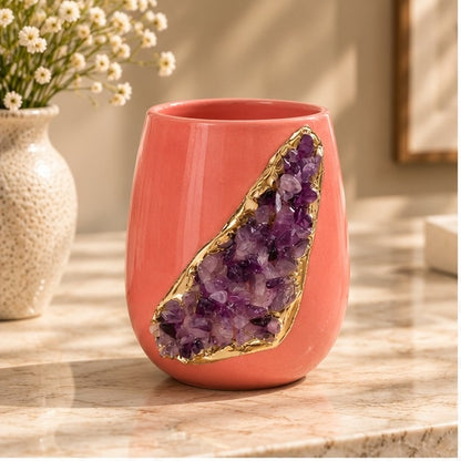 Pink Ceramic Short Teardrop Vase with Crystal Inlay