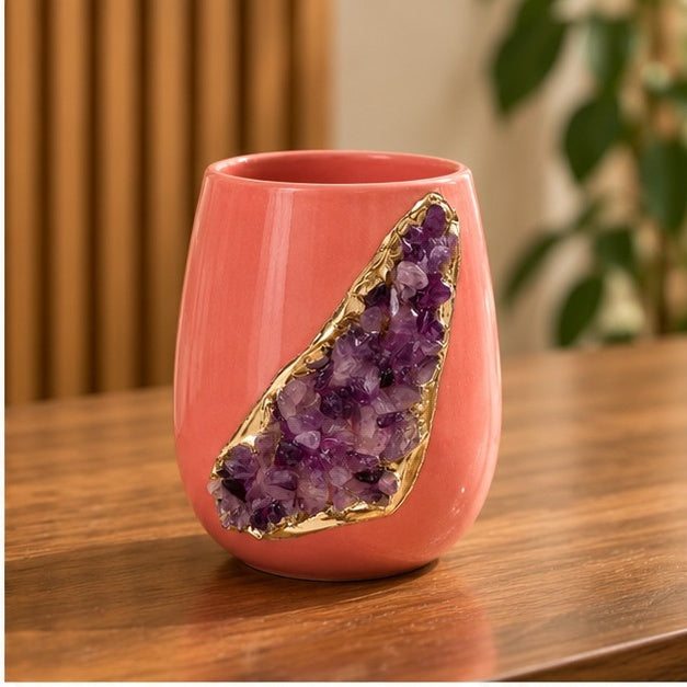 Pink Ceramic Short Teardrop Vase with Crystal Inlay