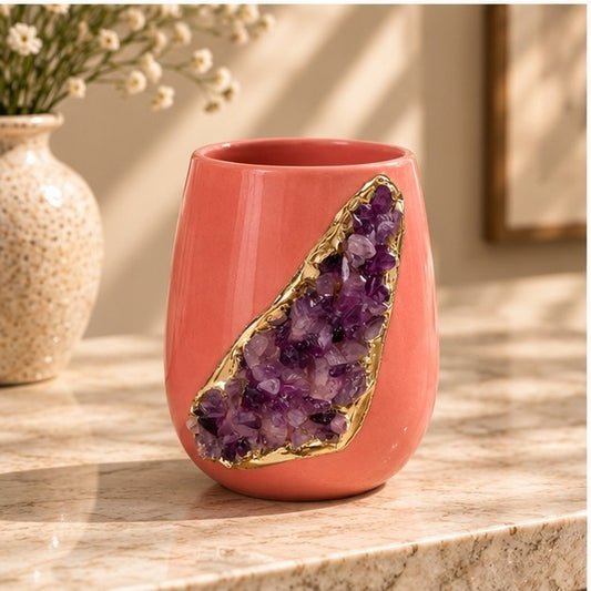Pink Ceramic Short Teardrop Vase with Crystal Inlay