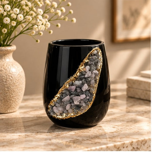 Black Ceramic Short Teardrop Vase with Crystal Inlay