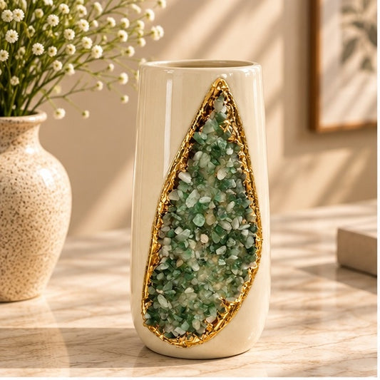 Cream Ceramic Long Teardrop Vase with Crystal Inlay