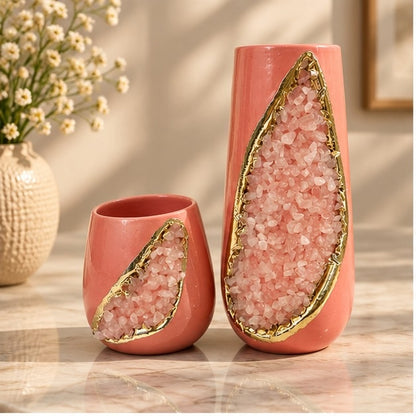 Pink Ceramic Teardrop Vase Set with Crystal Inlay
