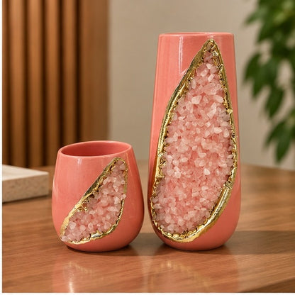 Pink Ceramic Teardrop Vase Set with Crystal Inlay
