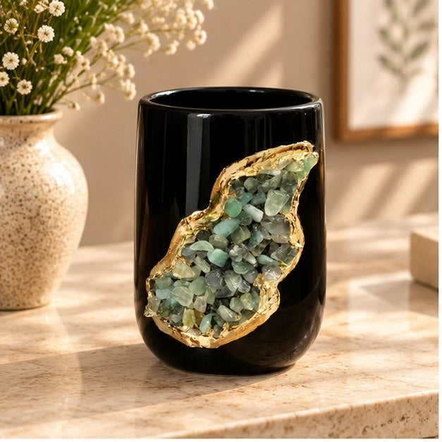 Black Ceramic Cylindrical Vase with Crystal Inlay