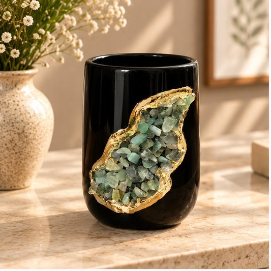 Black Ceramic Cylindrical Vase with Crystal Inlay