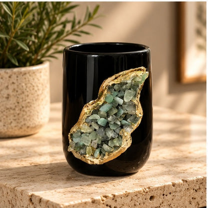 Black Ceramic Cylindrical Vase with Crystal Inlay