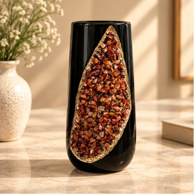 Black Ceramic Teardrop Vase Set with Crystal Inlay