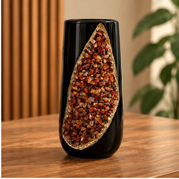 Black Ceramic Teardrop Vase Set with Crystal Inlay