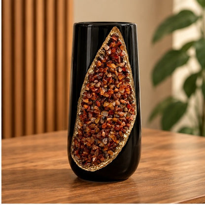 Black Ceramic Teardrop Vase Set with Crystal Inlay