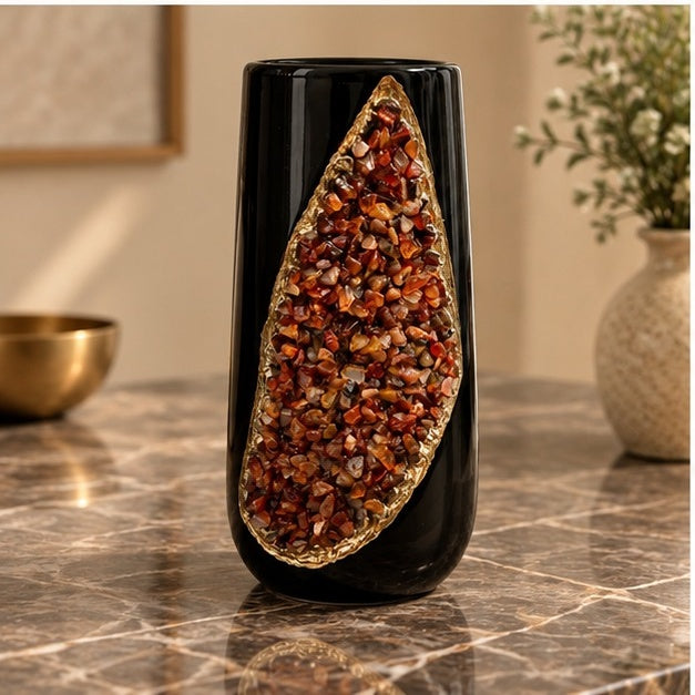 Black Ceramic Teardrop Vase Set with Crystal Inlay