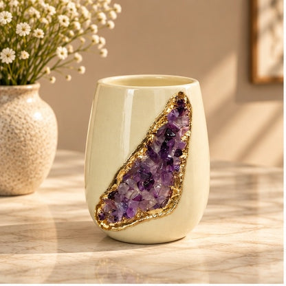 Cream Ceramic Short Teardrop Vase with Crystal Inlay