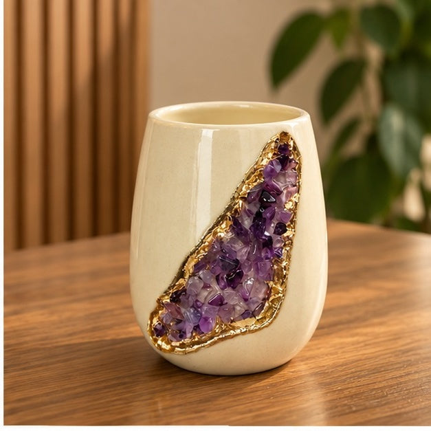 Cream Ceramic Short Teardrop Vase with Crystal Inlay