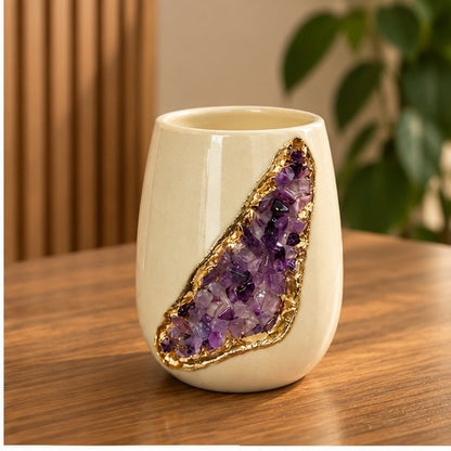 Cream Ceramic Short Teardrop Vase with Crystal Inlay