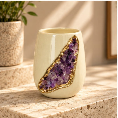 Cream Ceramic Short Teardrop Vase with Crystal Inlay