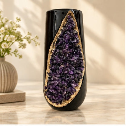 Black Ceramic Long Teardrop Vase with Crystal Inlay