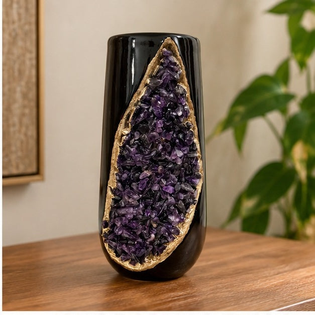 Black Ceramic Long Teardrop Vase with Crystal Inlay