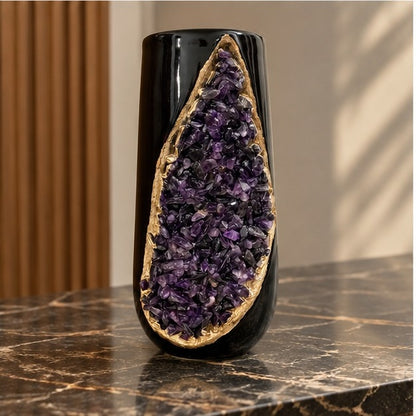 Black Ceramic Long Teardrop Vase with Crystal Inlay