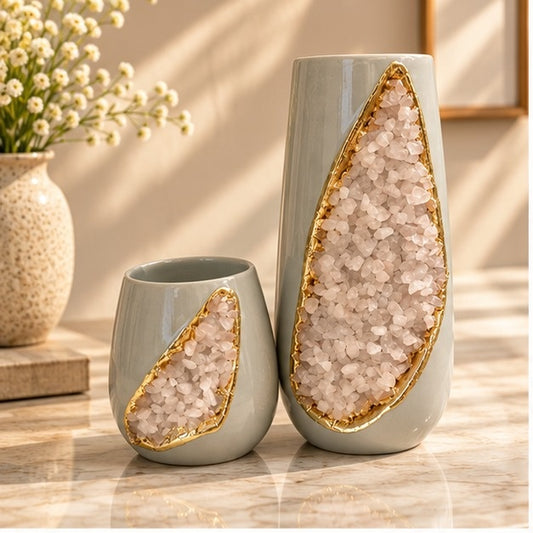 Grey Ceramic Teardrop Vase Set with Crystal Inlay