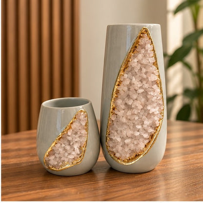 Grey Ceramic Teardrop Vase Set with Crystal Inlay
